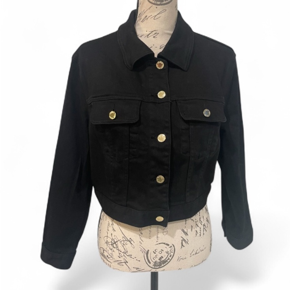 Michael Kors Cropped Black Jacket w/ Gold Logo Buttons – Size L LIKE NEW